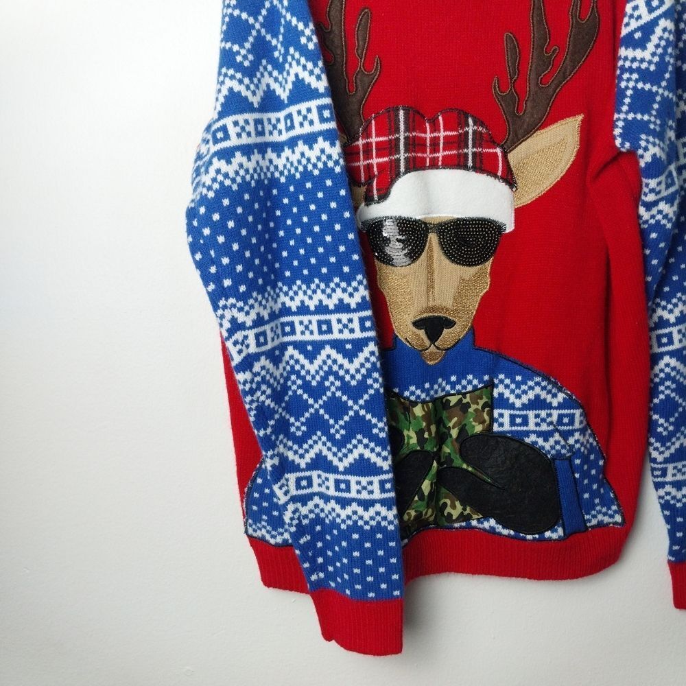 Reindeer Ugly Christmas Sweater With Camouflage Drink Pouch Holder Size XL - Picture 5 of 7